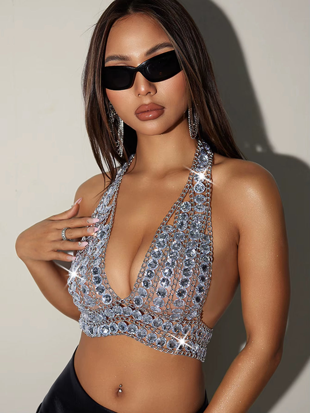 Sexy Halter Rhinestone Corset Crop Top Women Summer Y2K Clothes Cropped Beach Club Party Tops See through Body Chain Tank Top HL
