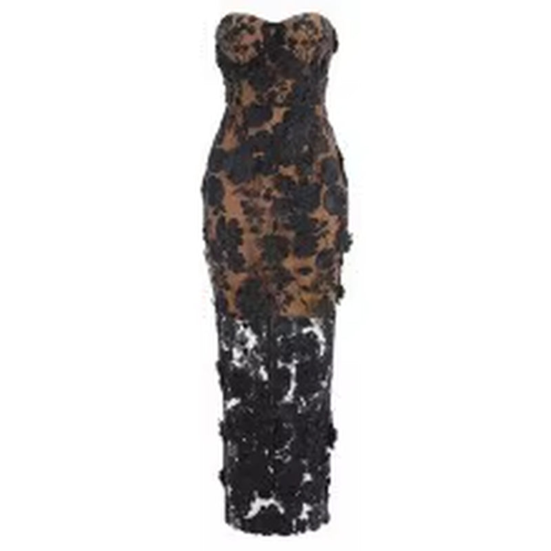 New Nightclub Vacation Photography Dress, Strapless Mesh, Embroidered Flowers, Banquet Party, Runway, Evening Gown