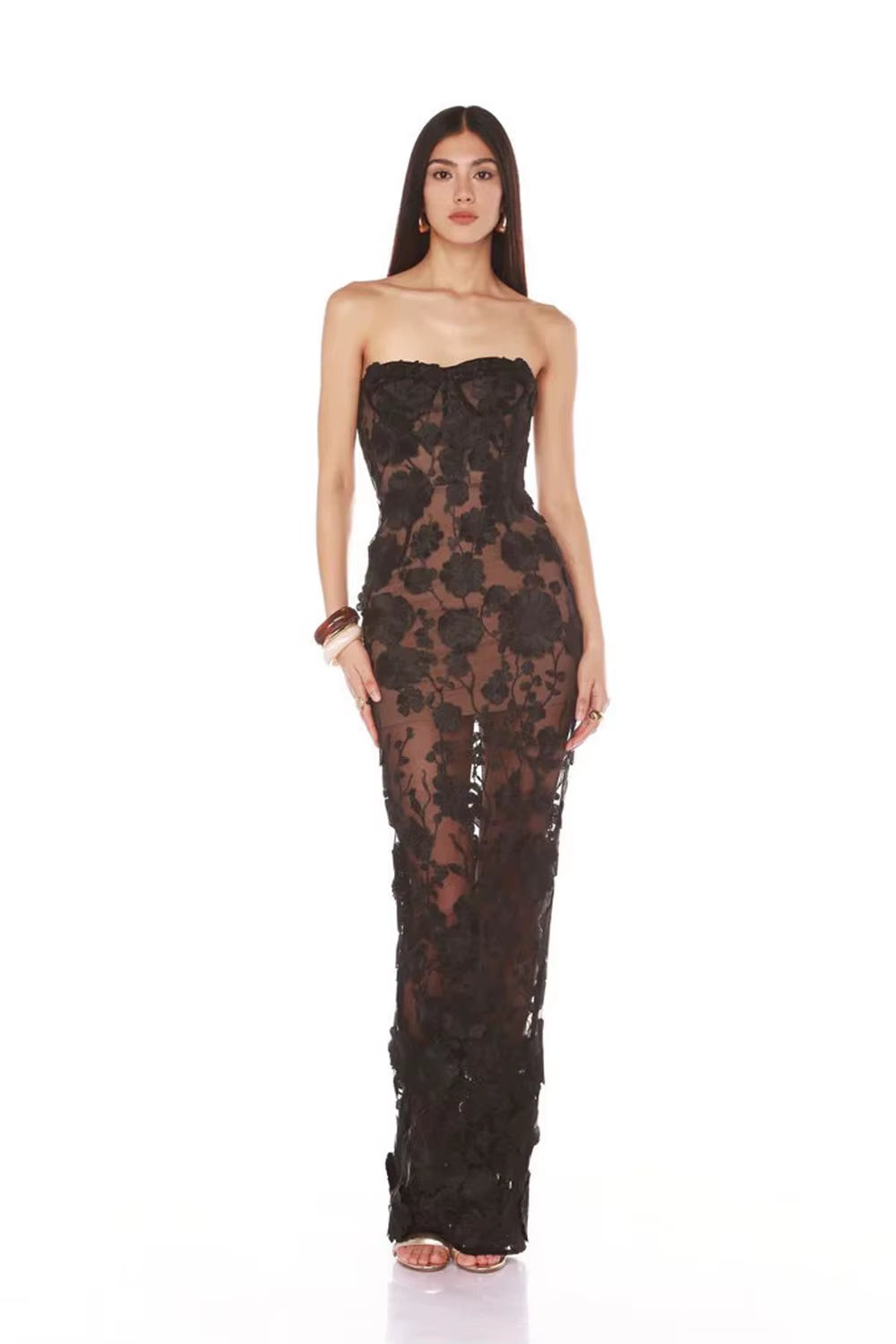 New Nightclub Vacation Photography Dress, Strapless Mesh, Embroidered Flowers, Banquet Party, Runway, Evening Gown