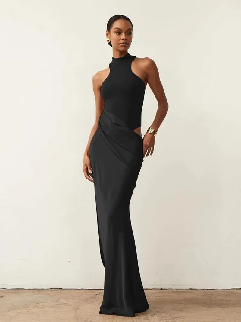 LONG DRESS Satin Sexy Hollow Out Women Maxi Dress Black Sleeveless High Waist Dress Female Autumn Skinny Elegant Party Clubwear