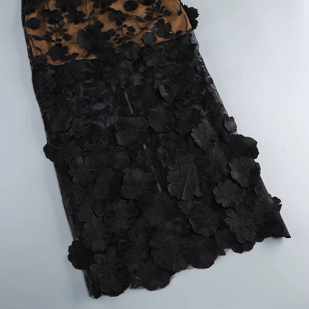 New Nightclub Vacation Photography Dress, Strapless Mesh, Embroidered Flowers, Banquet Party, Runway, Evening Gown