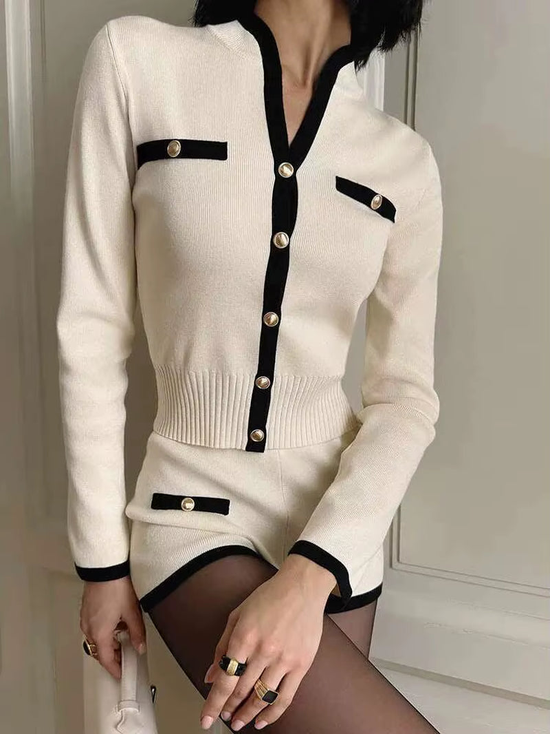 Patchwork Knitted Button 2 Piece Sets Women Pant Suit White Long Sleeve Top Short Pant Summer Skinny Casual Pant Sets