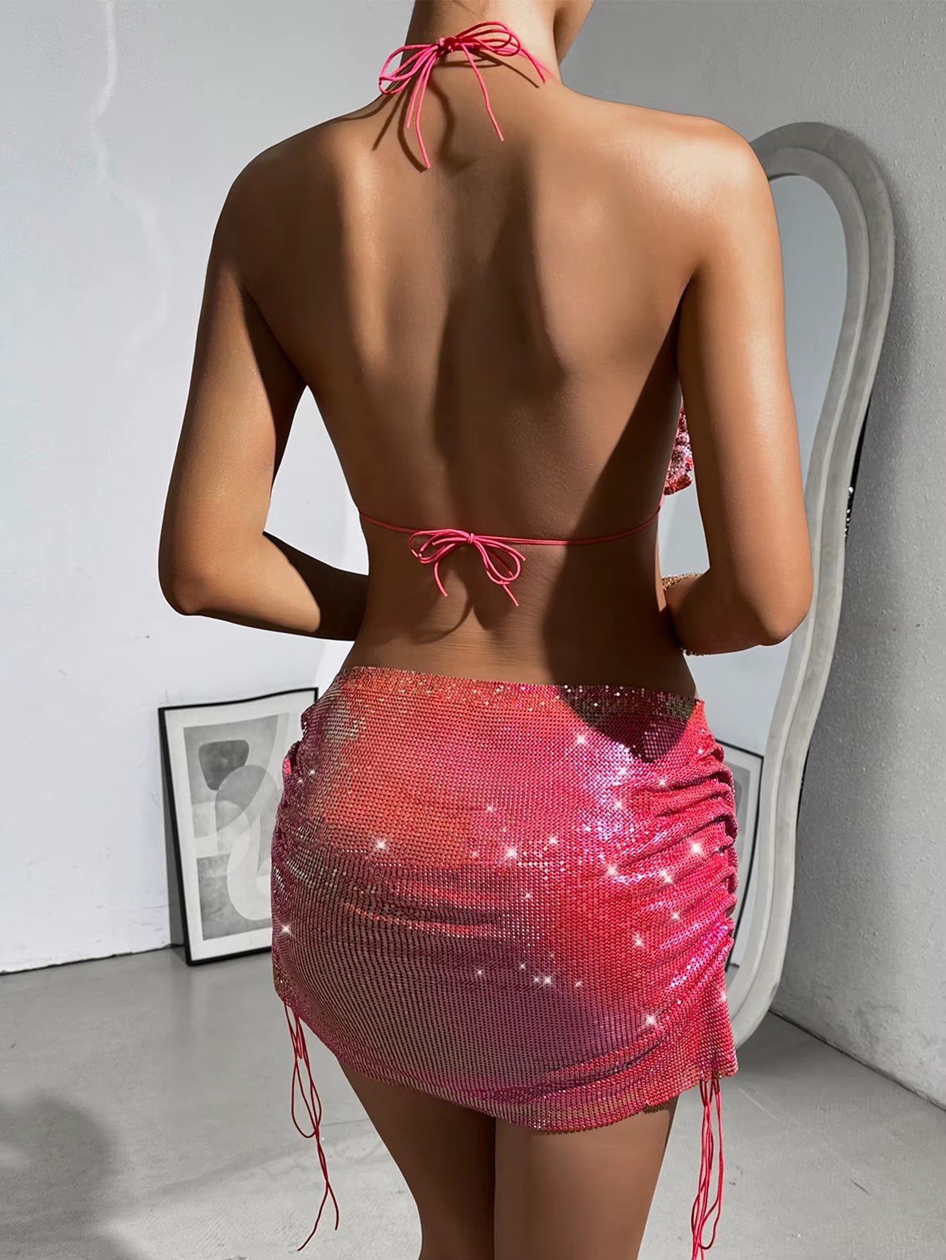 Sexy Backless Metal Rhinestone Summer Dress Women Clothing Evening Party Short Dresses Birthday Club Mini Dress Sets Vestidos HL