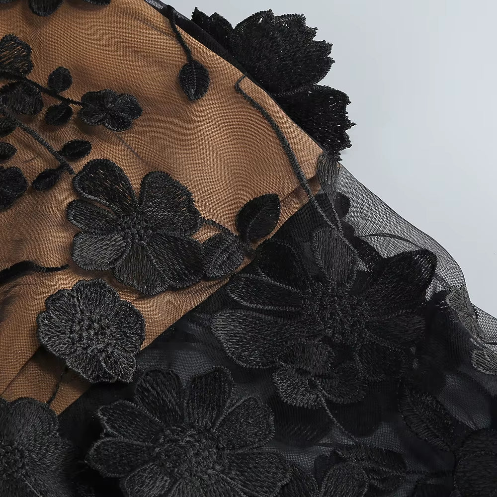 New Nightclub Vacation Photography Dress, Strapless Mesh, Embroidered Flowers, Banquet Party, Runway, Evening Gown