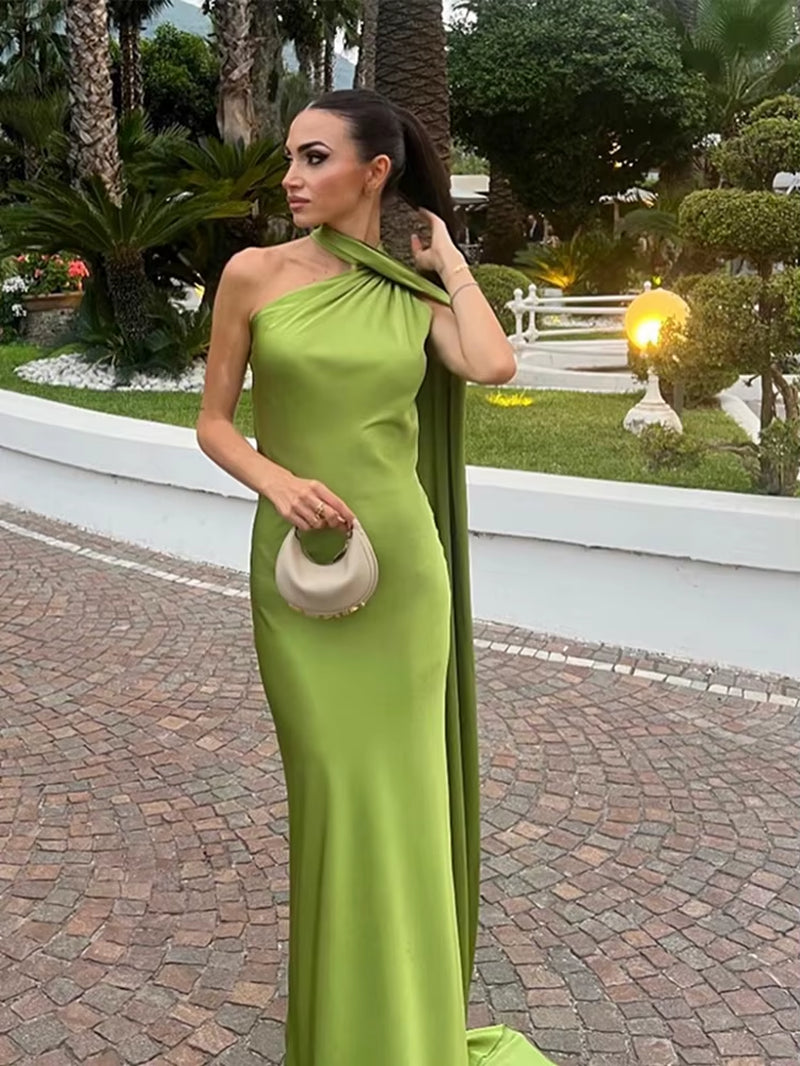 Elegant Ribbon Halter Dress Women Solid off Shoulder Sleeveless Backless Slim Maxi Dresses 2025 Summer Autumn Party Robes Lady